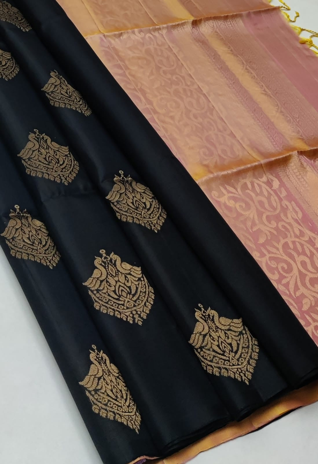 Classic Carbon Black & Dusky Peach Handloom Soft Silk Saree SS22998