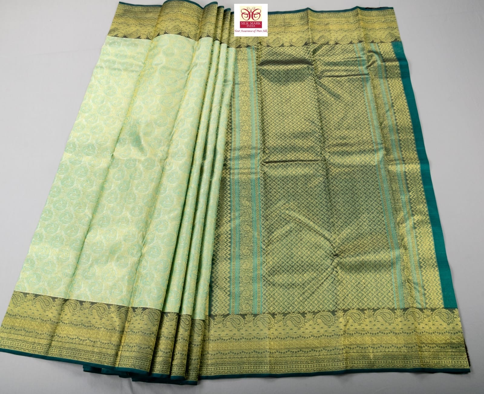 Classic Pastel Olive Green & Persian Green Kanchipuram Handloom Silk Saree SS26622