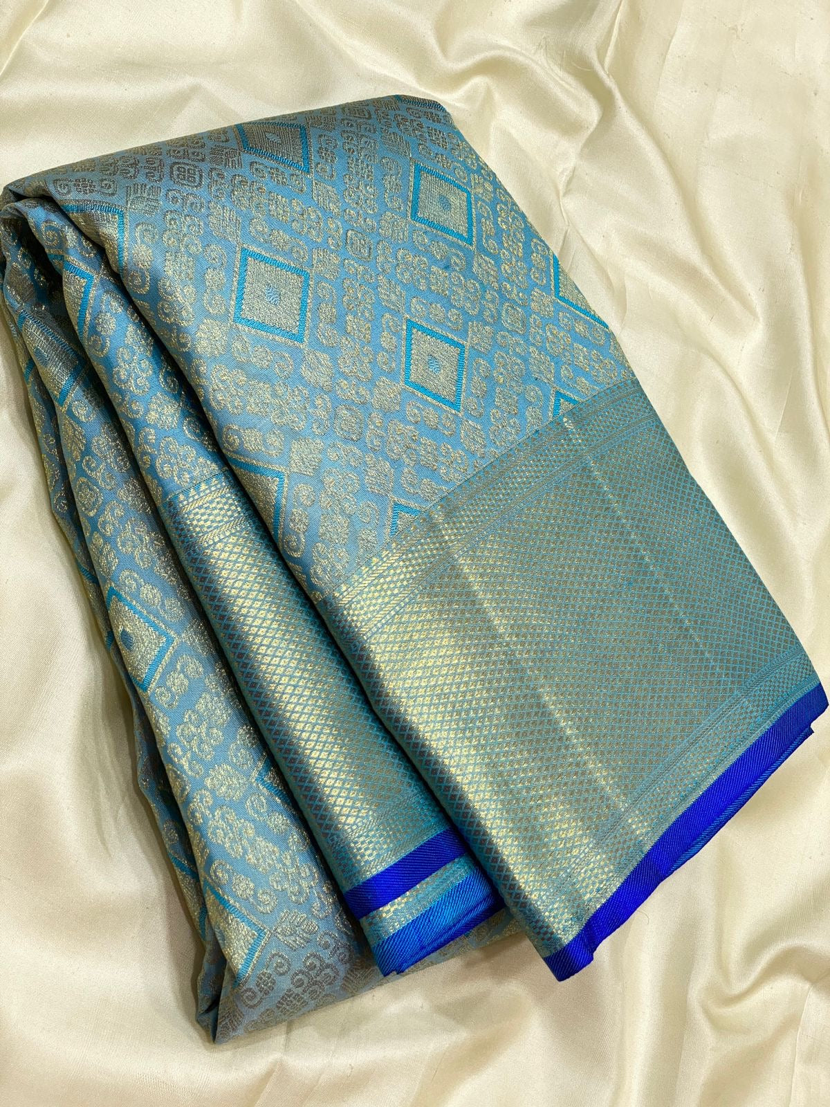Classic Sky Blue & Royal Blue 2gm Zari Kanchipuram Handloom Silk Saree SS25619