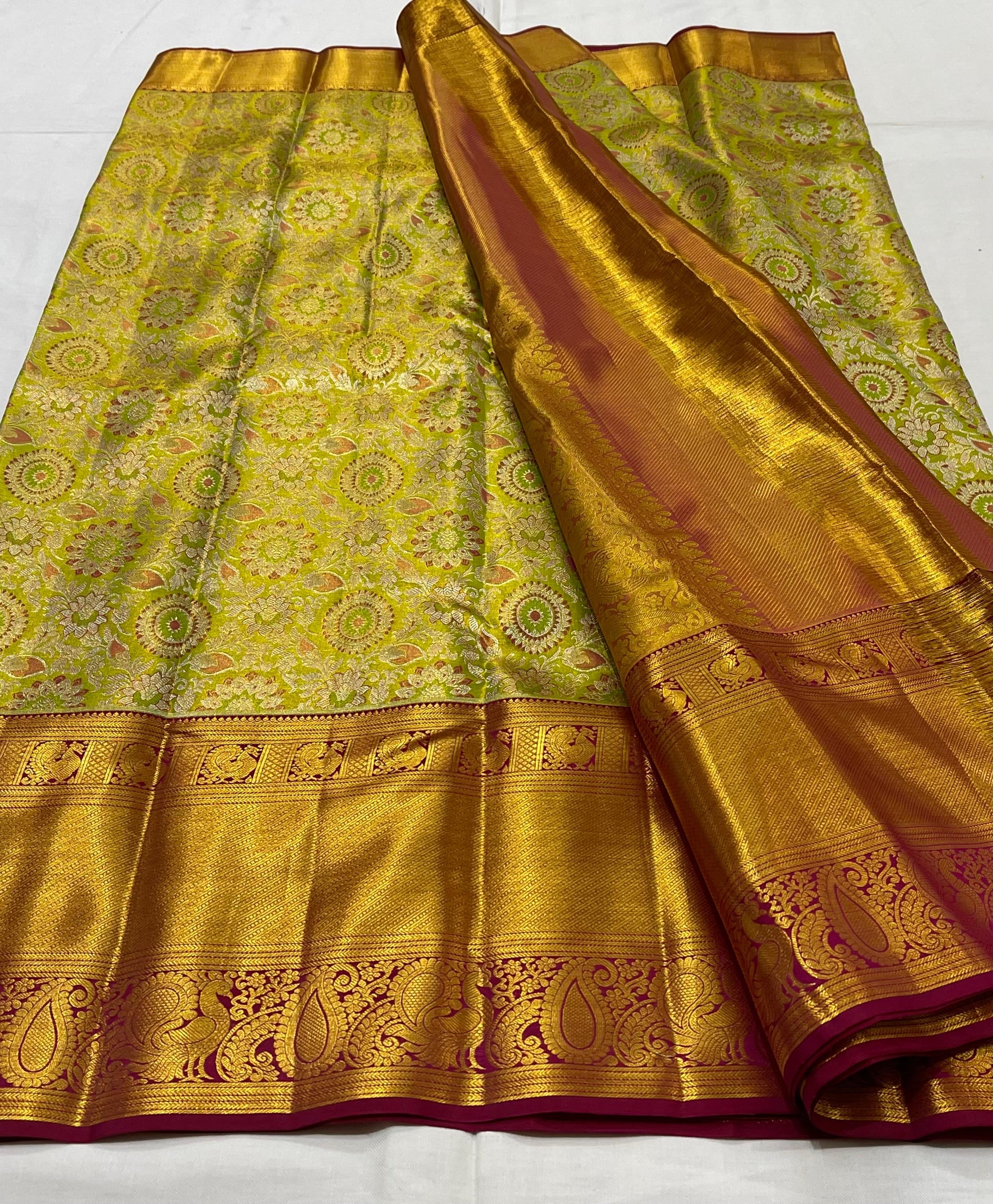 Classic Olive Green & Barn Red 2gm Zari Brocade Bridal Elegance Kanchipuram Handloom Silk Saree SS23642