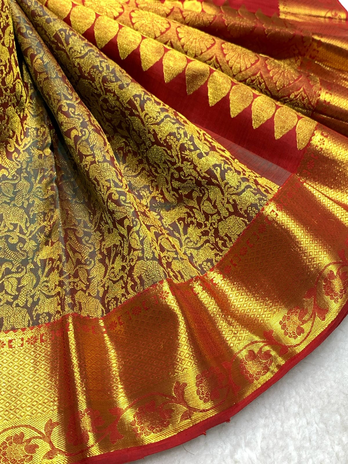 Classic Brownish Green & Chilli Red  2gm Zari Bridal Elegance Kanchipuram Handloom Silk Saree SS24617