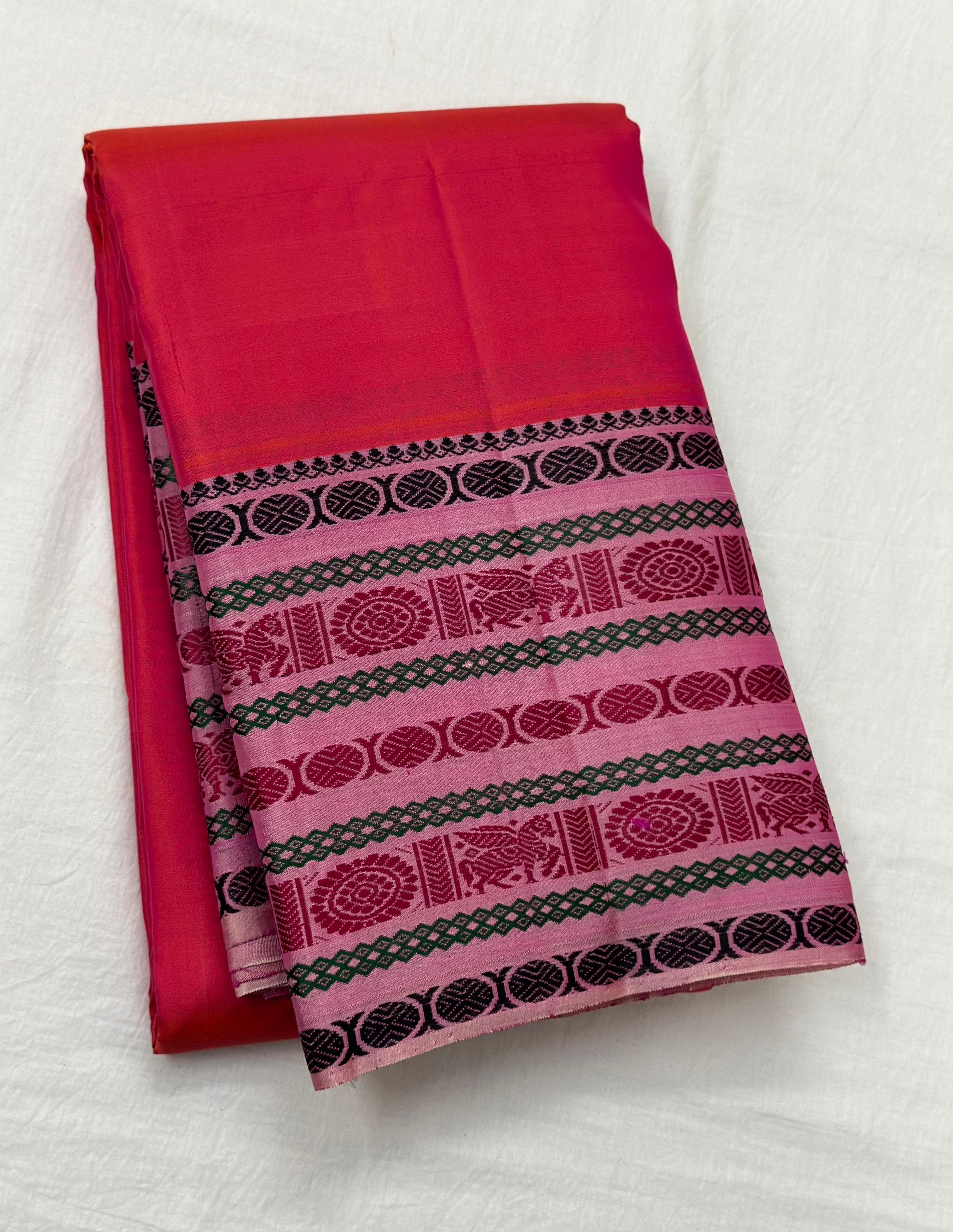 Classic Pinkish Orange & Pink 1gm Zari Elegance Kanchipuram Handloom Silk Saree SS23549