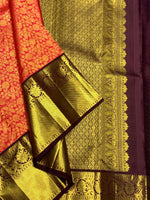 Load image into Gallery viewer, Classic Orange &amp; Coffee Brown 2gm Zari Bridal Elegance Kanchipuram Handloom Silk Saree SS27509
