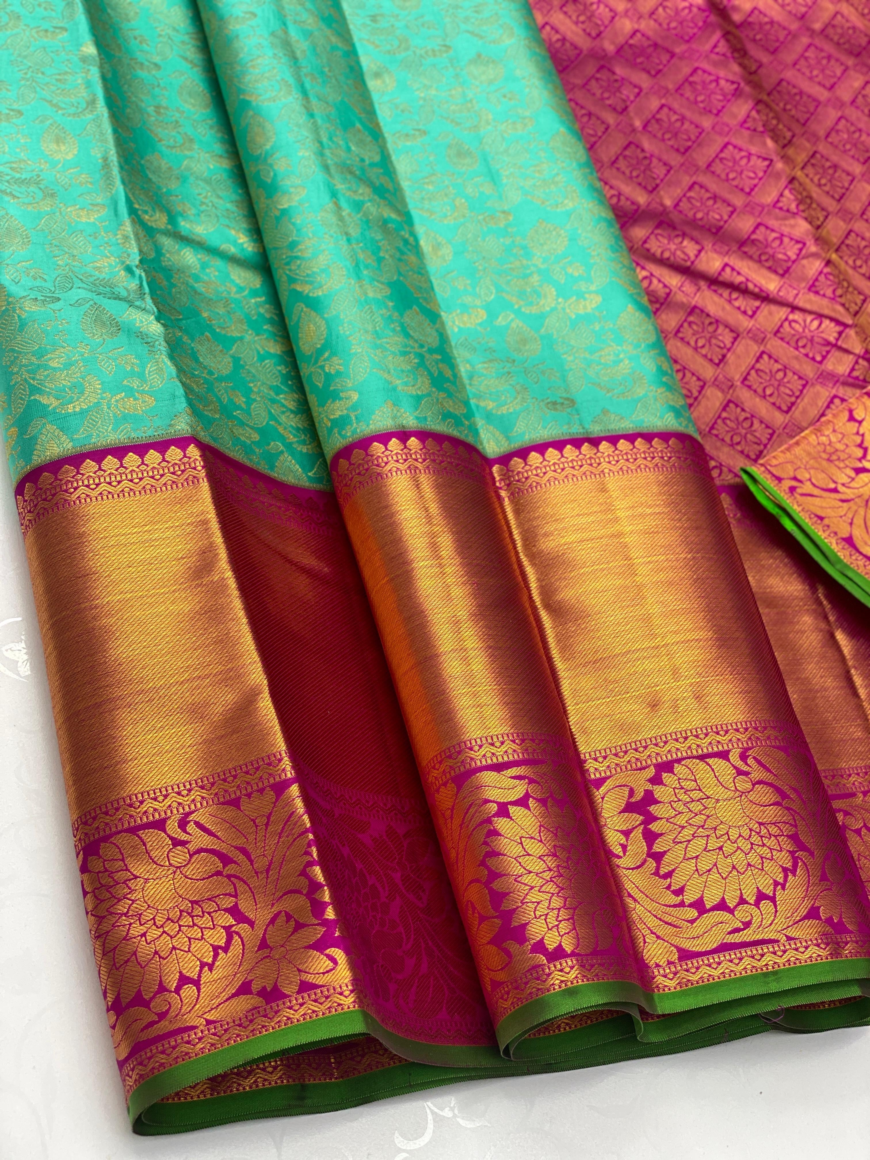 Classic Sea Green & Ruby Pink 2gm Zari Elegance Kanchipuram Handloom Silk Saree SS24263