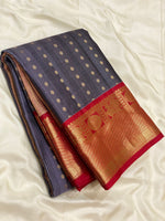 Load image into Gallery viewer, Classic Slate Grey &amp; Red Elegance Kanchipuram Silk Saree SS24211
