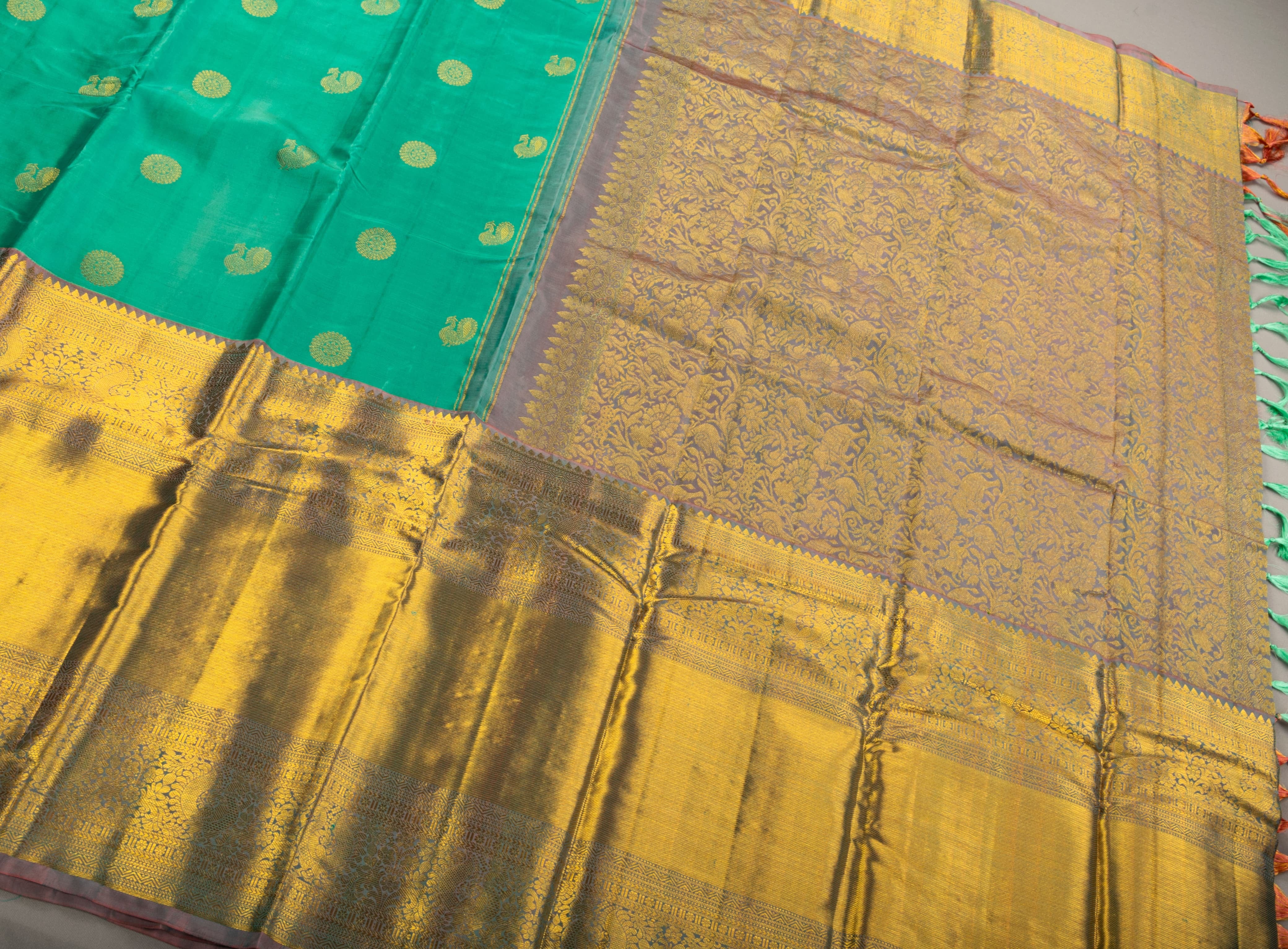 Classic Sea Green & Pastel Orange  Kanchipuram Handloom Silk Saree SS26622