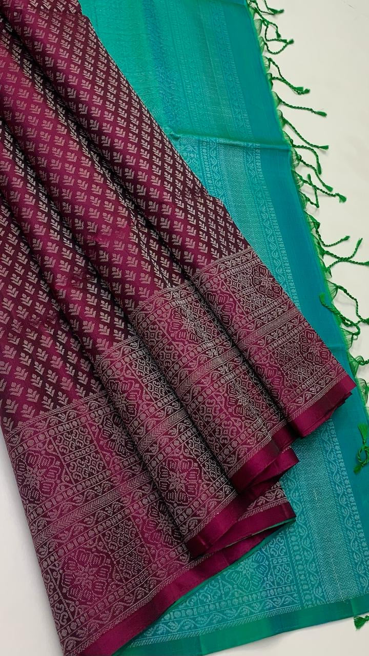 Classic Wine Red & Green Elegance Handloom Soft Silk Saree SS24292