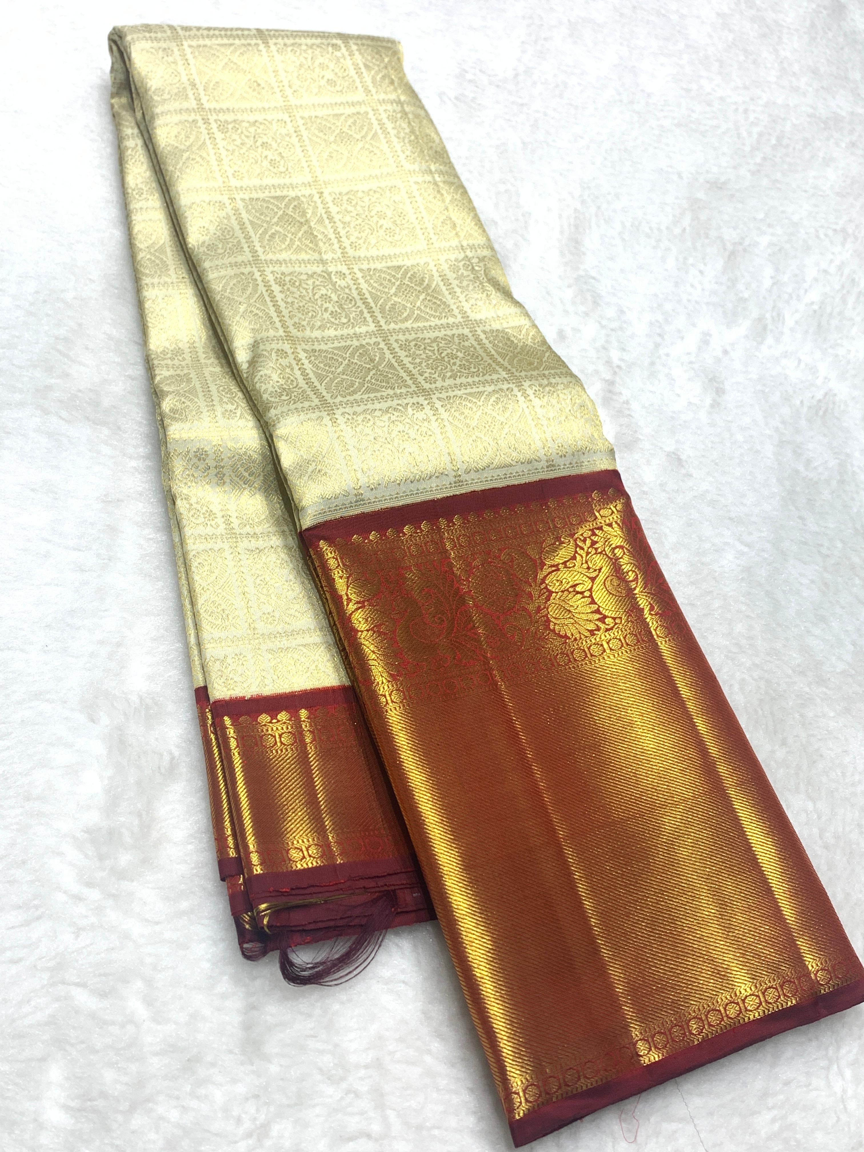 Classic Pearl Beige & Burnt Brown 2gm Zari Bridal Elegance Kanchipuram Handloom Silk Saree SS25832