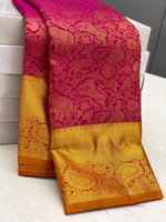 Load image into Gallery viewer, Classic Deep Pink &amp; Mustard Yellow 2gm Zari Elegance Kanchipuram Handloom Silk Saree SS23792
