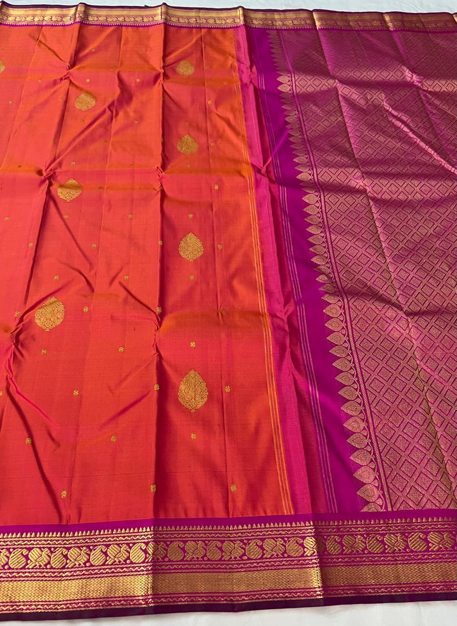 Classic Saffron Orange & Fuchsia Pink 2gm Zari Elegance Kanchipuram Silk Saree SS23935