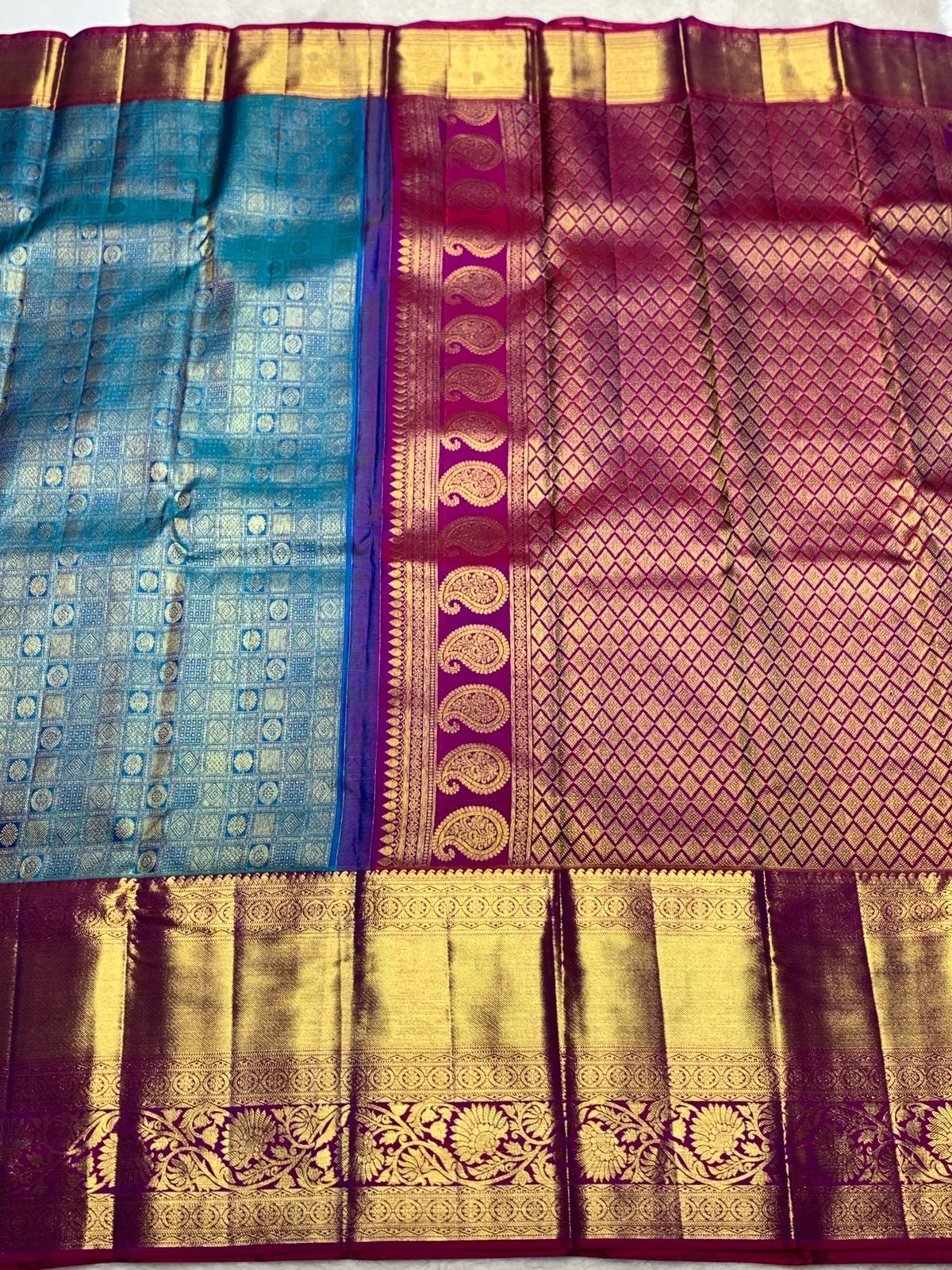 Classic Azure Blue & Vadamalli Purple 2gm Zari Bridal Elegance Kanchipuram Handloom Silk Saree SS25355
