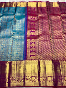Classic Azure Blue & Vadamalli Purple 2gm Zari Bridal Elegance Kanchipuram Handloom Silk Saree SS25355