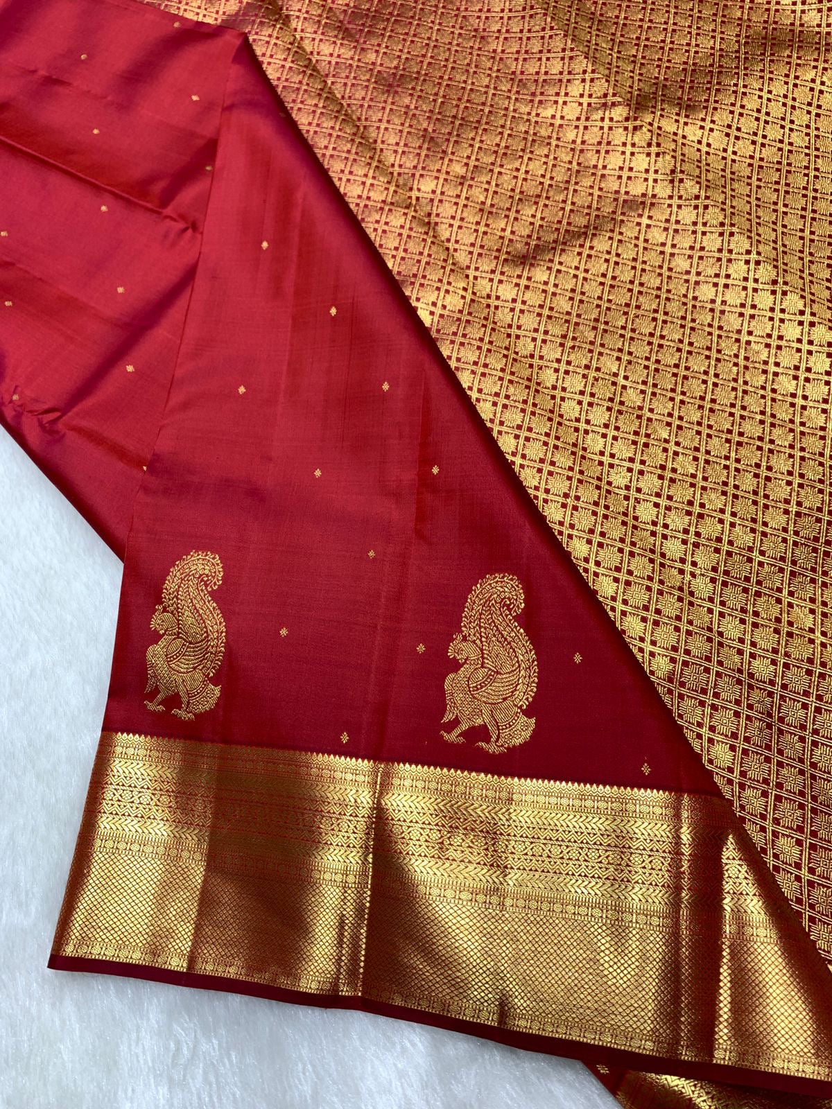 Classic Brick Red 2gm Zari Kanchipuram Handloom Silk Saree SS26501
