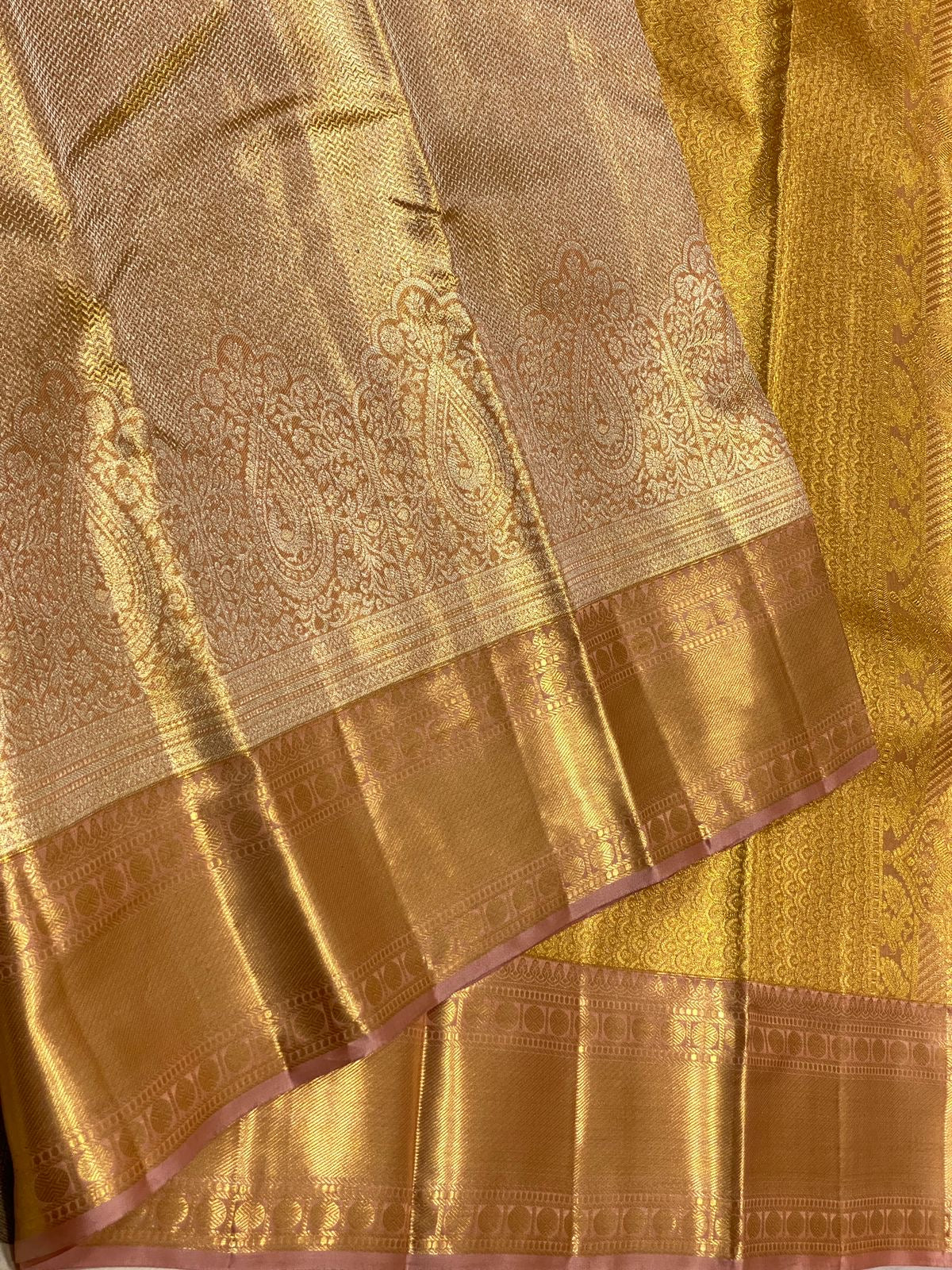 Pastel Gold Mustard 2gm Zari Brocade Tissue Bridal Elegance Kanchipuram Handloom Silk Saree SS26666