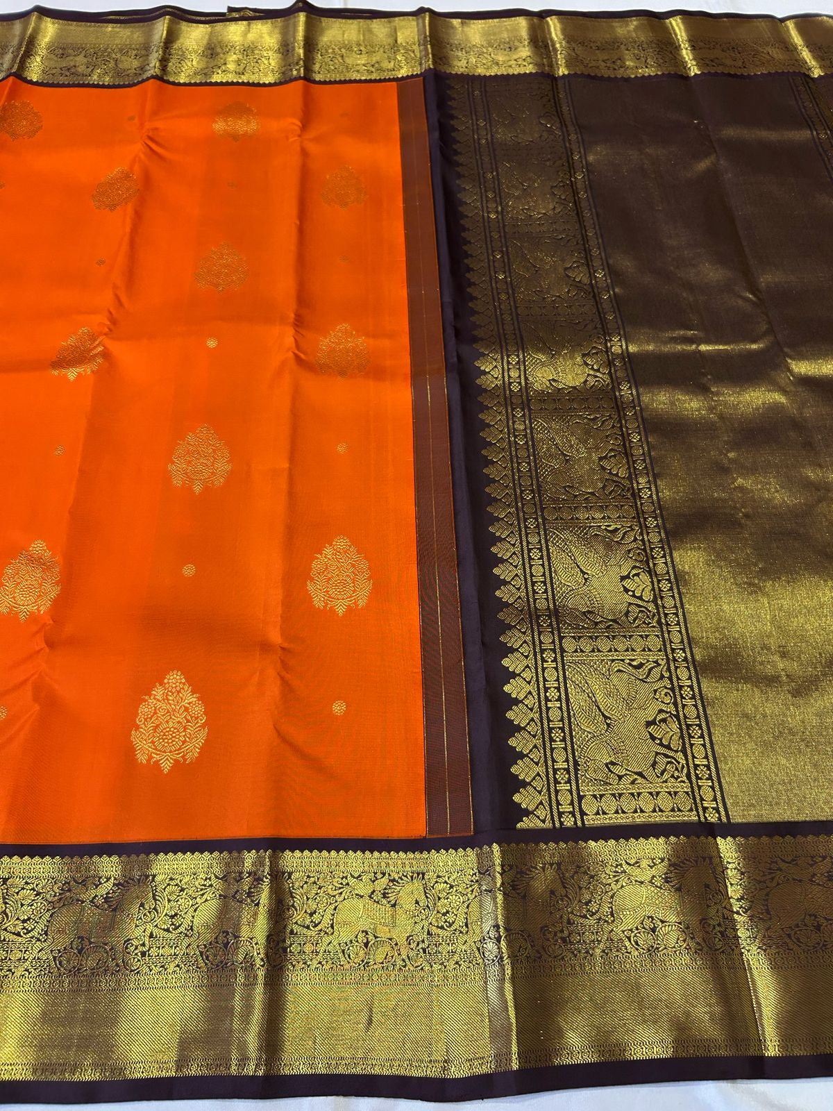 Classic Orange & Dark Brown 2gm Zari Korvai Bridal Elegance Kanchipuram Handloom Silk Saree SS24482