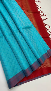 Classic Sky Blue & Brick Red Elegance Handloom Soft Silk Saree SS24306