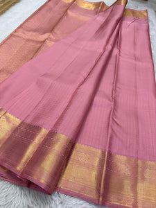 Classic Creamy Pink 2gm Zari Vaira Oosi Checks Elegance Kanchipuram Handloom Silk Saree SS25263