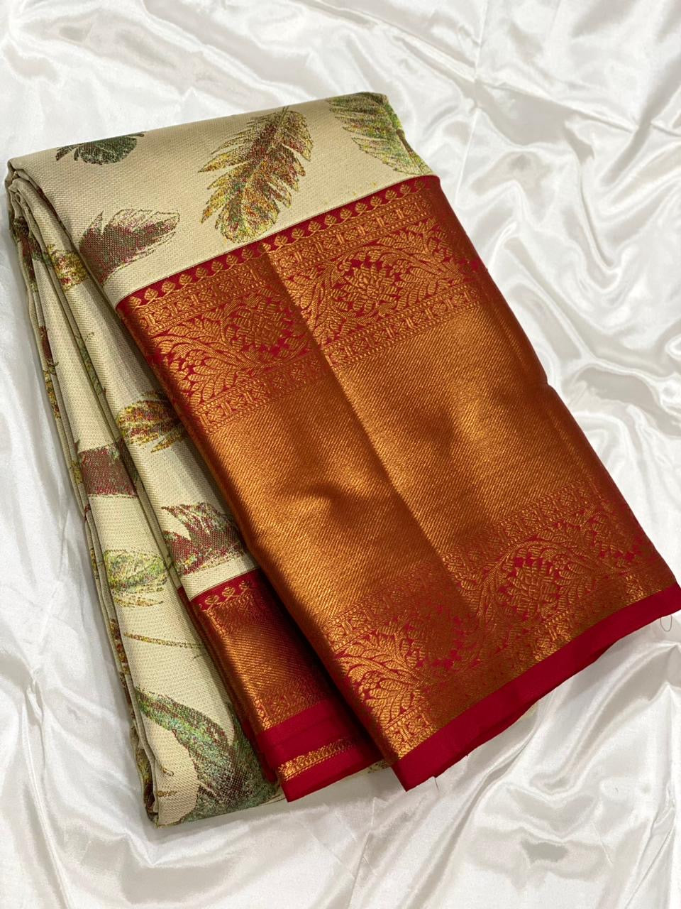 Classic Butter Cream & Chilly Red 2gm Zari Elegance Kanchipuram Handloom Silk Saree SS23605