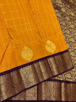 Load image into Gallery viewer, Classic Mango Yellow &amp; Plum 2gm Zari Vaira Oosi Checks Elegance Kanchipuram Handloom Silk Saree SS24606
