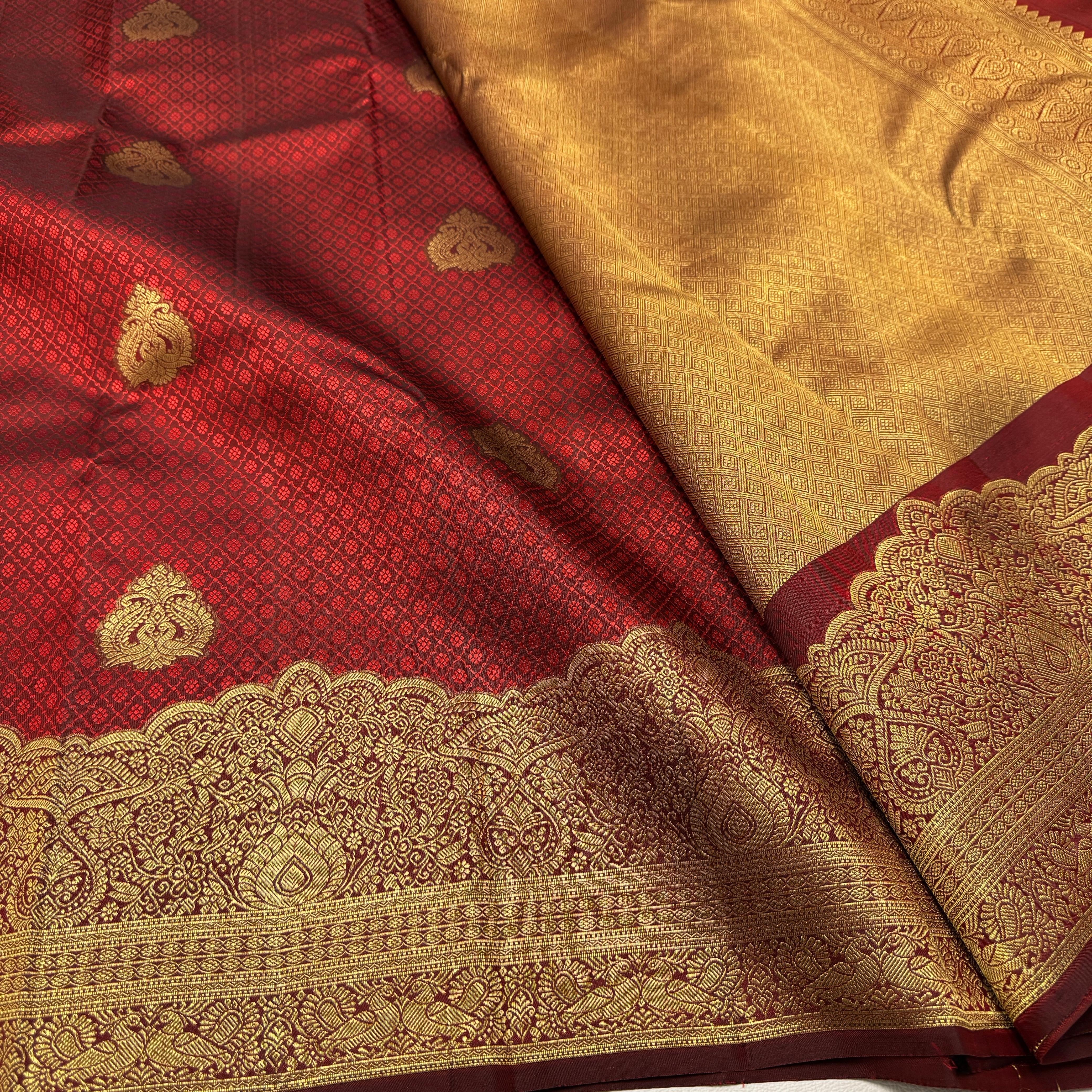 Classic Burnt Orange 2gm Zari Temple Bridal Elegance Kanchipuram Handloom Silk Saree SS26585