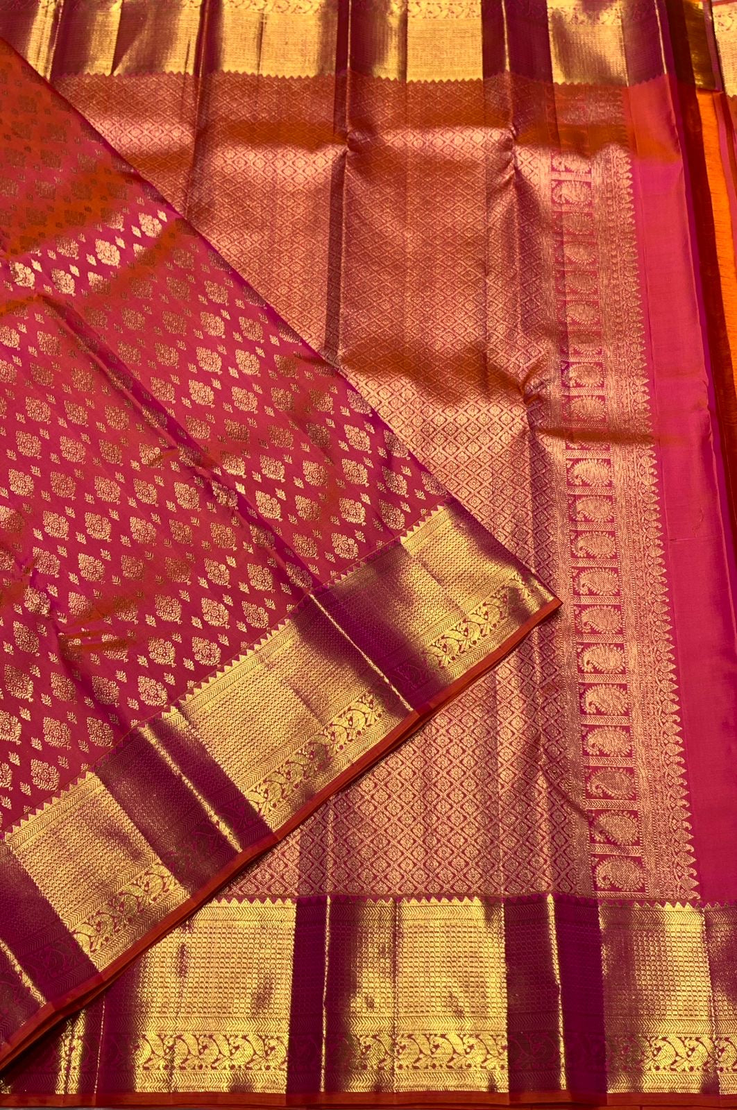 Classic Pinkish Orange 2gm Zari Bridal Elegance Kanchipuram Handloom Silk Saree SS25983