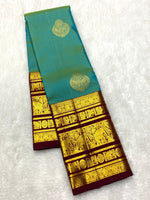 Load image into Gallery viewer, Classic Peacock Green &amp; Coffee Brown 2gm Zari Kanchipuram Handloom Silk Saree SS25827
