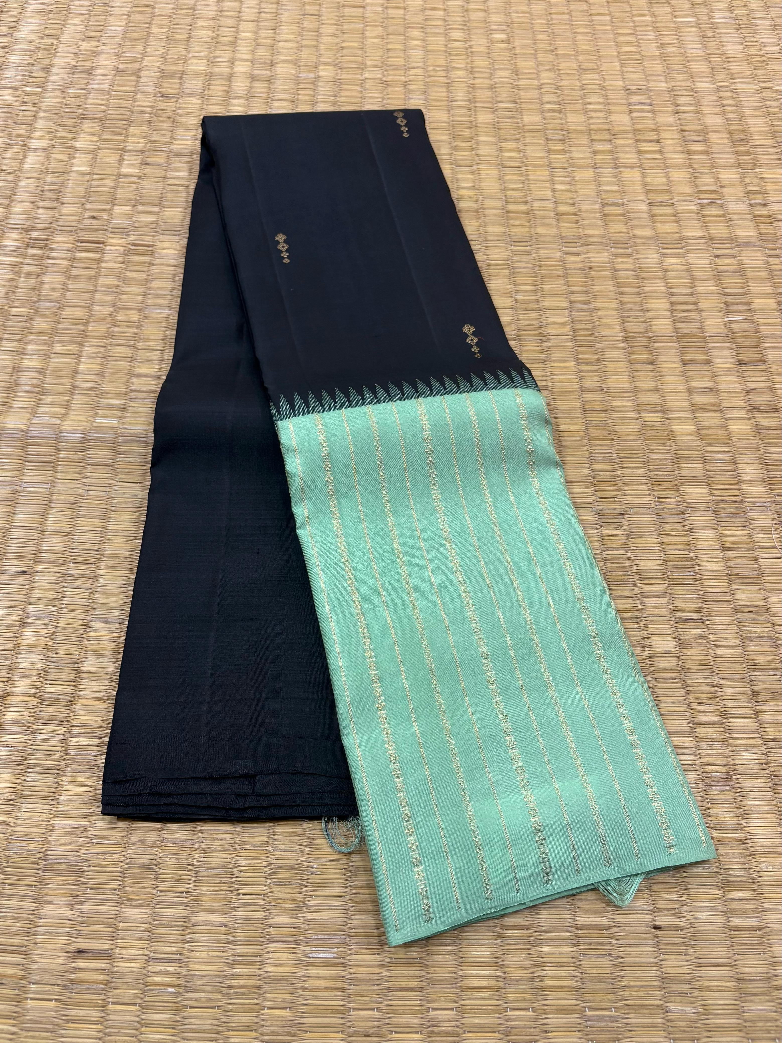 Classic Charcoal Black & Pastel Sea Green 2gm Zari Elegance Kanchipuram Handloom Silk Saree SS24763