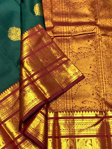 Classic Bottle Green & Brown 2gm Zari Bridal Elegance Kanchipuram Handloom Silk Saree SS25569