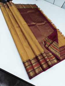 Classic Peanut Butter & Wine Red 2gm Zari Elegance Kanchipuram Handloom Silk Saree SS24814