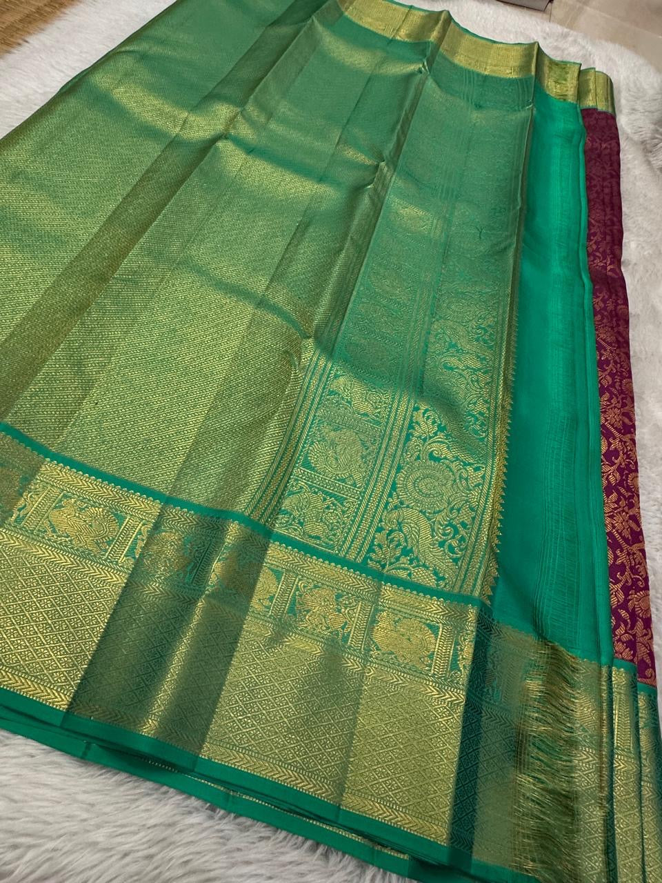 Classic Wine Red & Sea Green 2gm Zari Bridal Elegance Kanchipuram Handloom Silk Saree SS24480