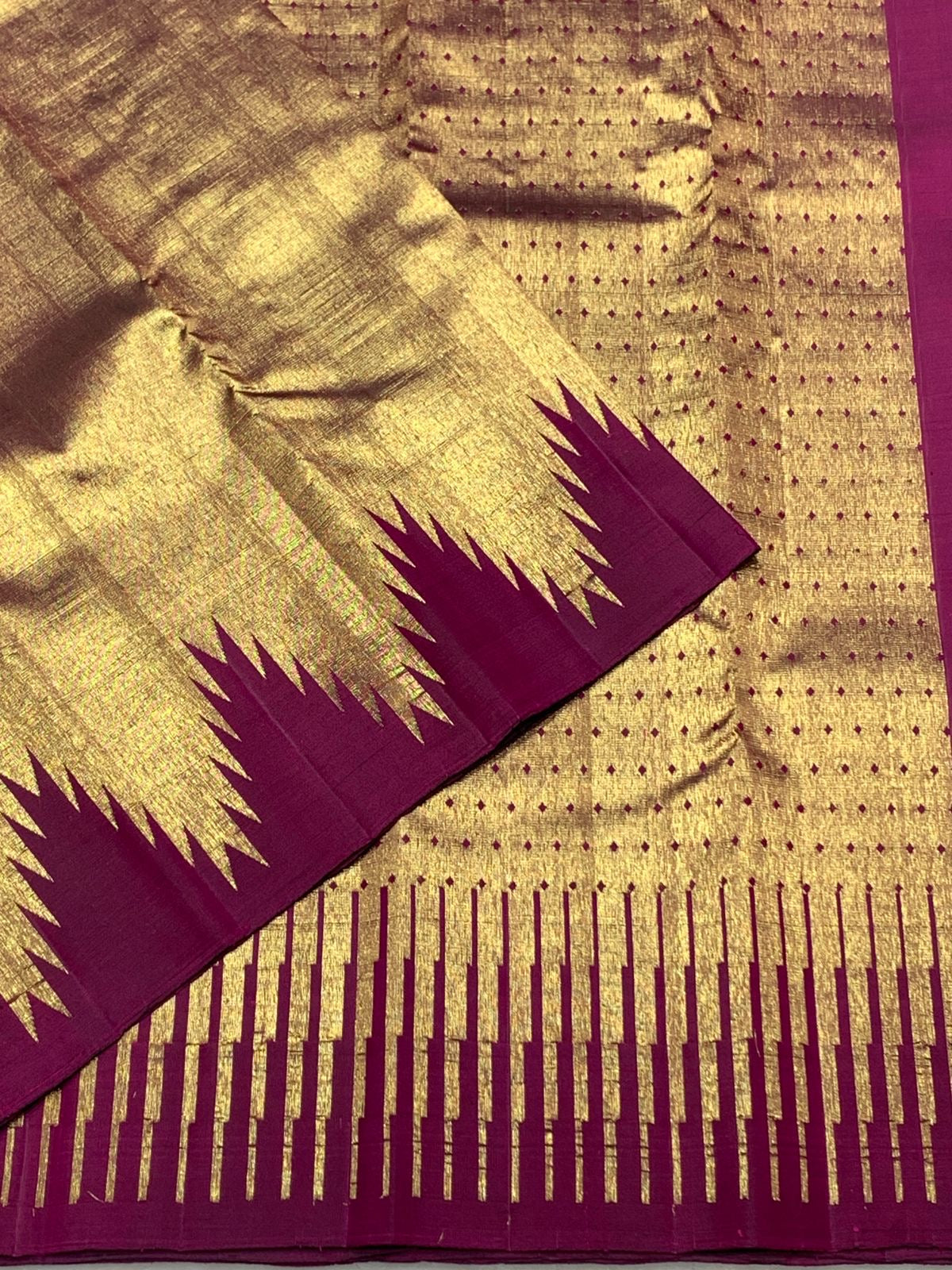 Classic Gold & Wine Red Temple 2gm Zari Kanchipuram Handloom Silk Saree SS25980