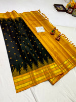 Load image into Gallery viewer, Classic Charcoal Black &amp; Mustard Korvai Temple Border Elegance Kanchipuram Handloom Silk Saree SS27995
