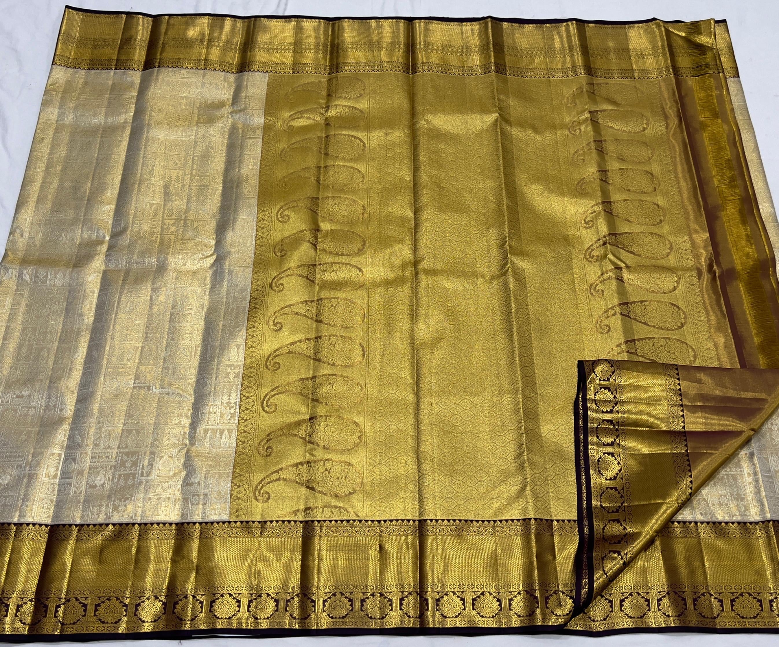 Classic Golden Beige & Aubergine 1gm Zari Bridal Elegance Kanchipuram Handloom Silk Saree SS24113