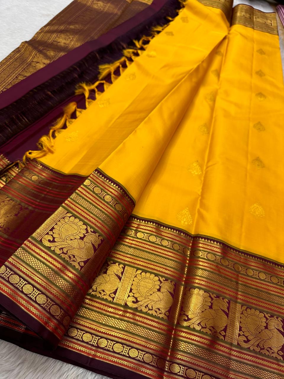 Classic Mango Yellow & Plum 2gm Zari Elegance Kanchipuram Handloom Silk Saree SS23738