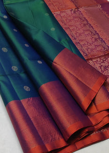 Classic Peacock Green & Orange Elegance Handloom Soft Silk Saree SS23965