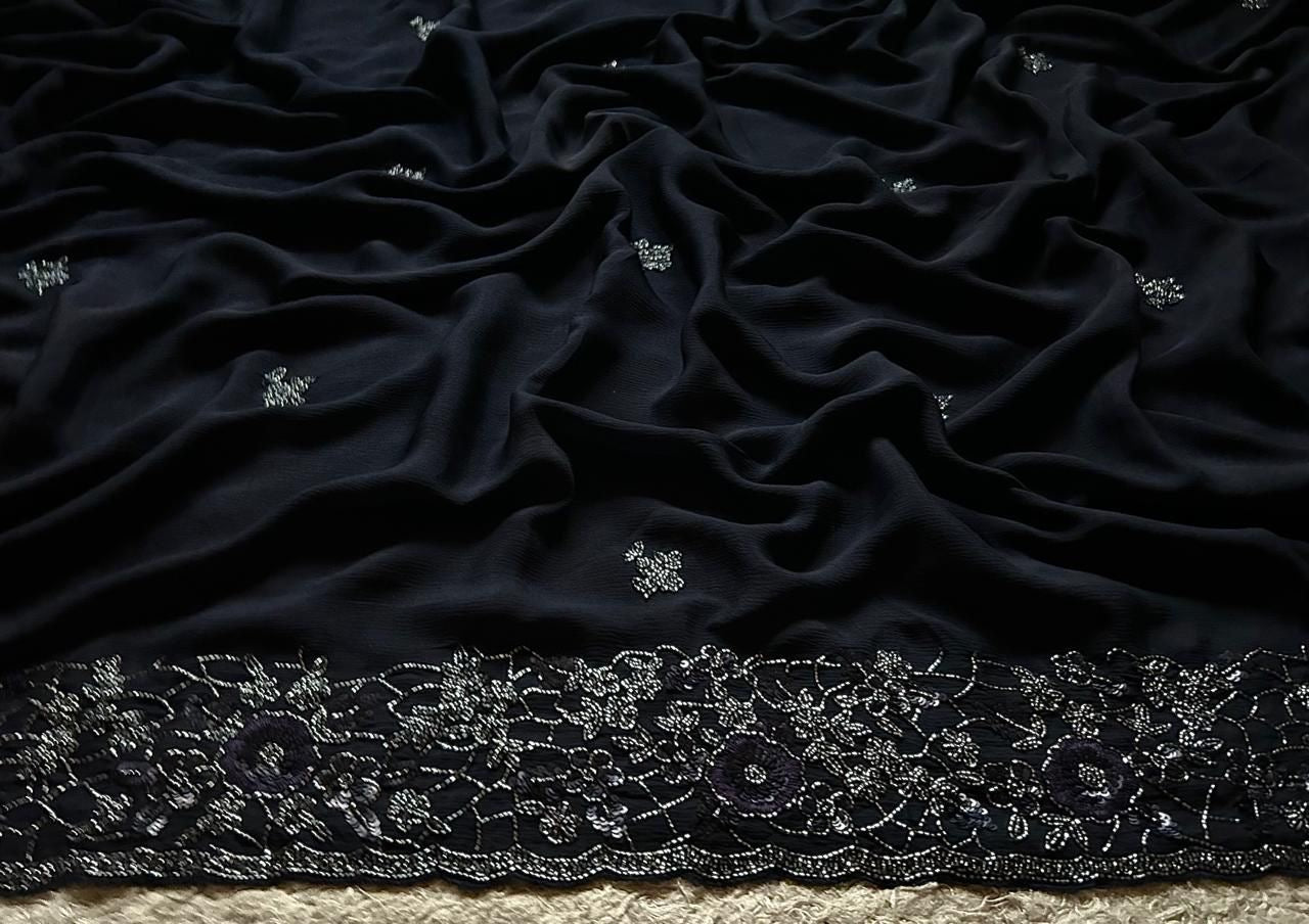 Classic Charcoal Black Elegance Chinnon Crepe Chiffon Silk Saree SS25399