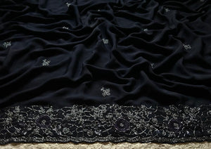Classic Charcoal Black Elegance Chinnon Crepe Chiffon Silk Saree SS25399