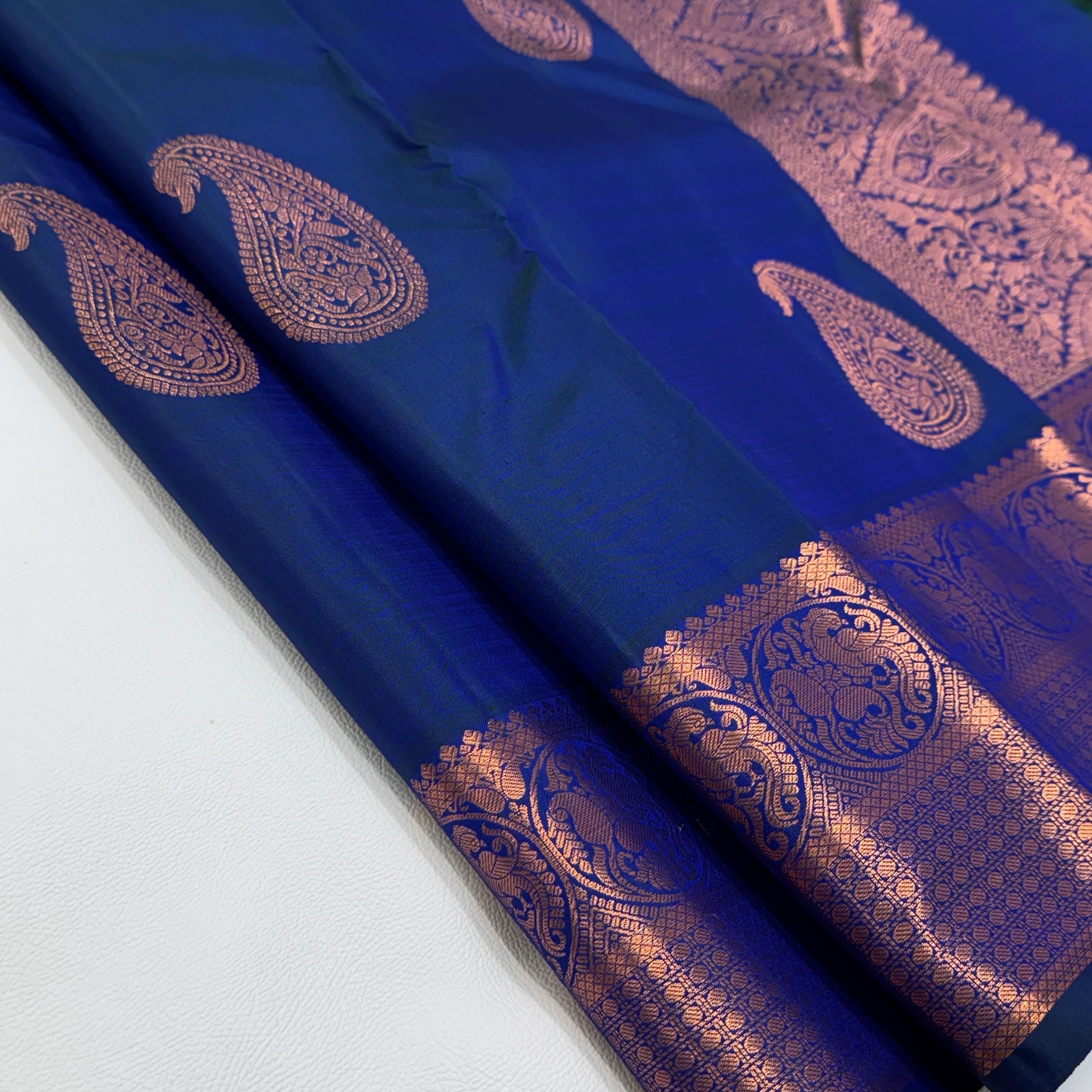 Classic Peacock Blue Rose Gold Zari Elegance Kanchipuram Handloom Silk Saree SS23585