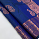 Load image into Gallery viewer, Classic Peacock Blue Rose Gold Zari Elegance Kanchipuram Handloom Silk Saree SS23585
