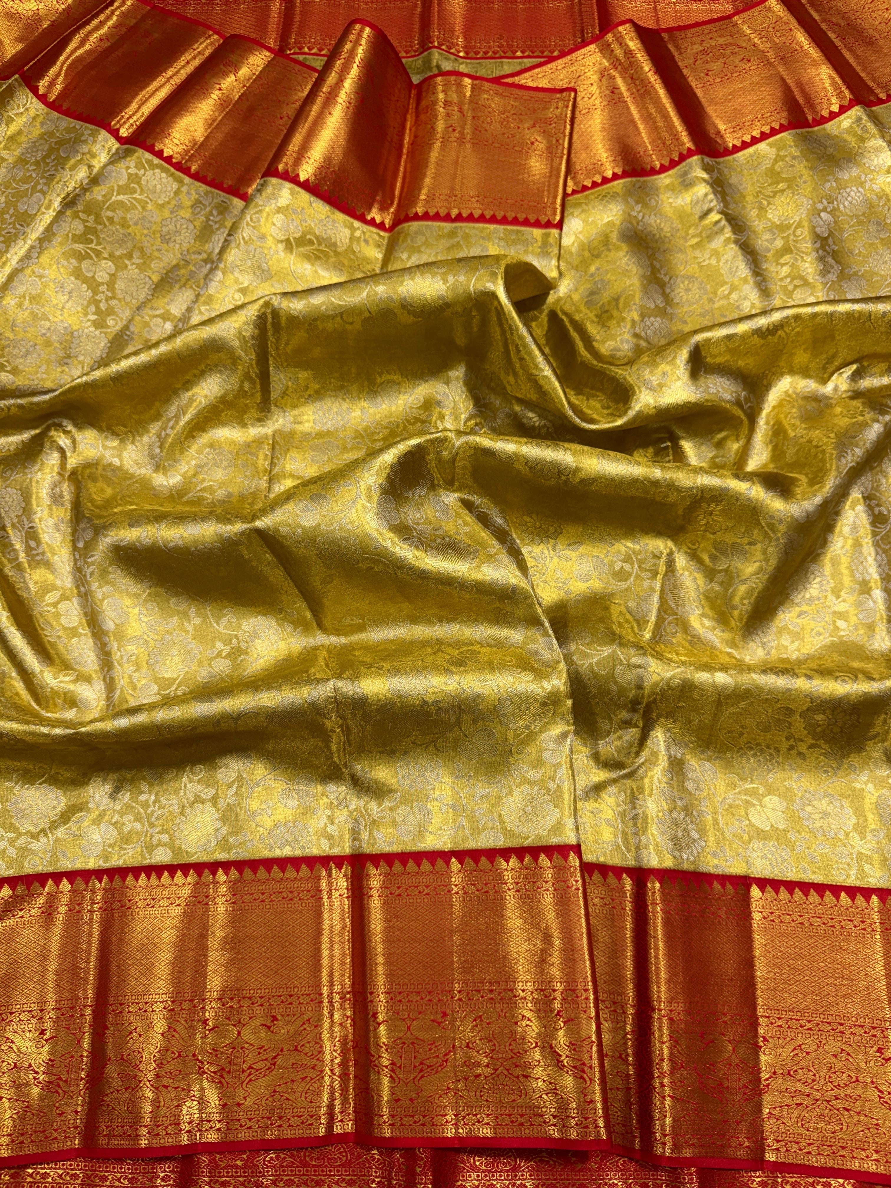 Classic Gold & Chilli Red Brocade Tissue Bridal Elegance Kanchipuram Handloom Silk Saree SS26571