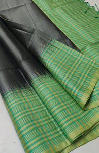 Classic Slate Grey & Parrot Green Check Lines Elegance Handloom Soft Silk Saree SS24686