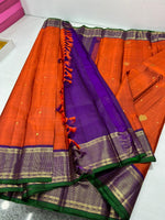 Load image into Gallery viewer, Classic Sunset Orange &amp; Vadamalli 2gm Zari Kanchipuram Handloom Silk Saree SS25996

