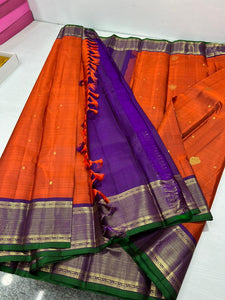 Classic Sunset Orange & Vadamalli 2gm Zari Kanchipuram Handloom Silk Saree SS25996
