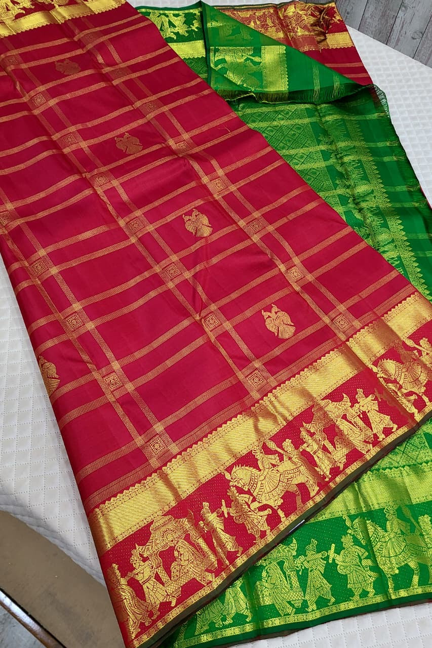 Classic Chilli Red & Forest Green 2gm Zari Kanchipuram Handloom Silk Saree SS26281