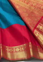 Load image into Gallery viewer, Classic Teal Blue &amp; Chilli Red 2gm Zari Kanchipuram Handloom Silk Saree SS25726
