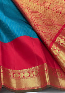 Classic Teal Blue & Chilli Red 2gm Zari Kanchipuram Handloom Silk Saree SS25726