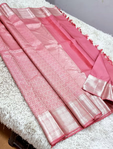 Classic Dusky Pink 1gm Silver Zari Kanchipuram Handloom Silk Saree SS25806