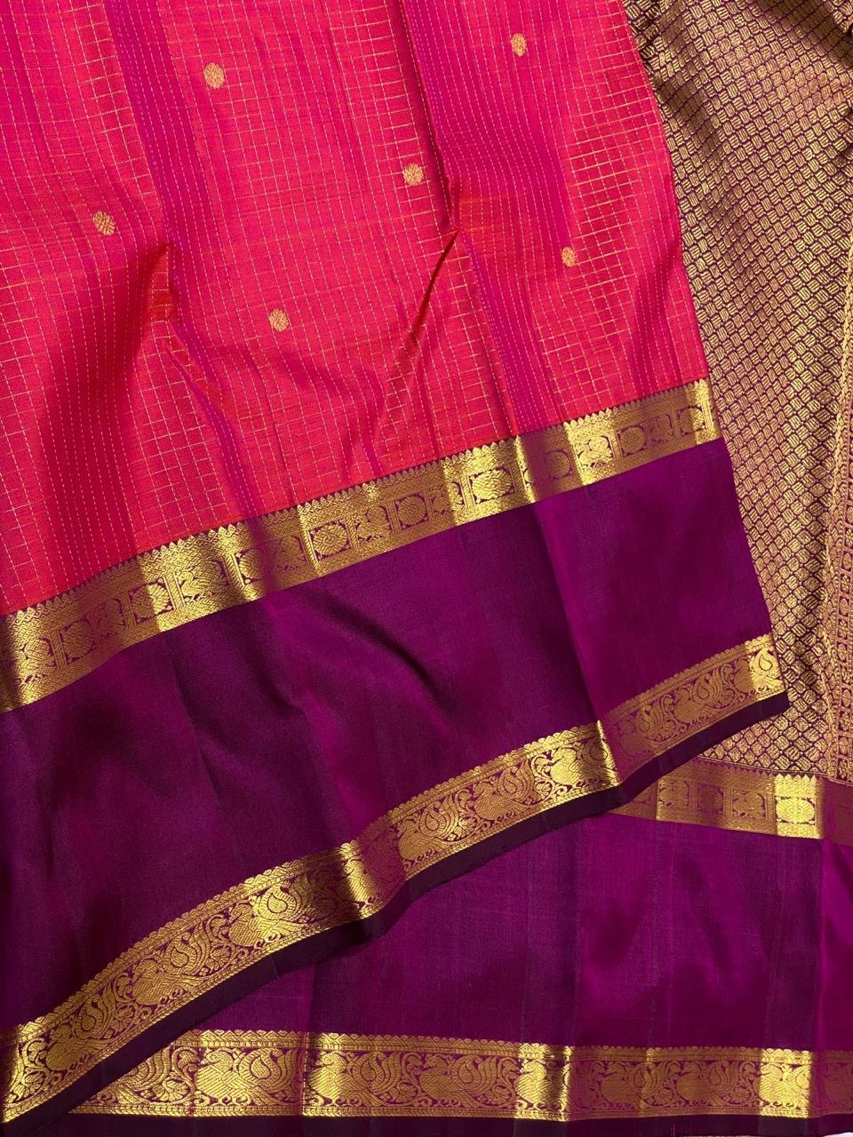 Classic Cerise Pink & Wine Purple 2gm Zari Vaira Oosi Kanchipuram Handloom Silk Saree SS25585