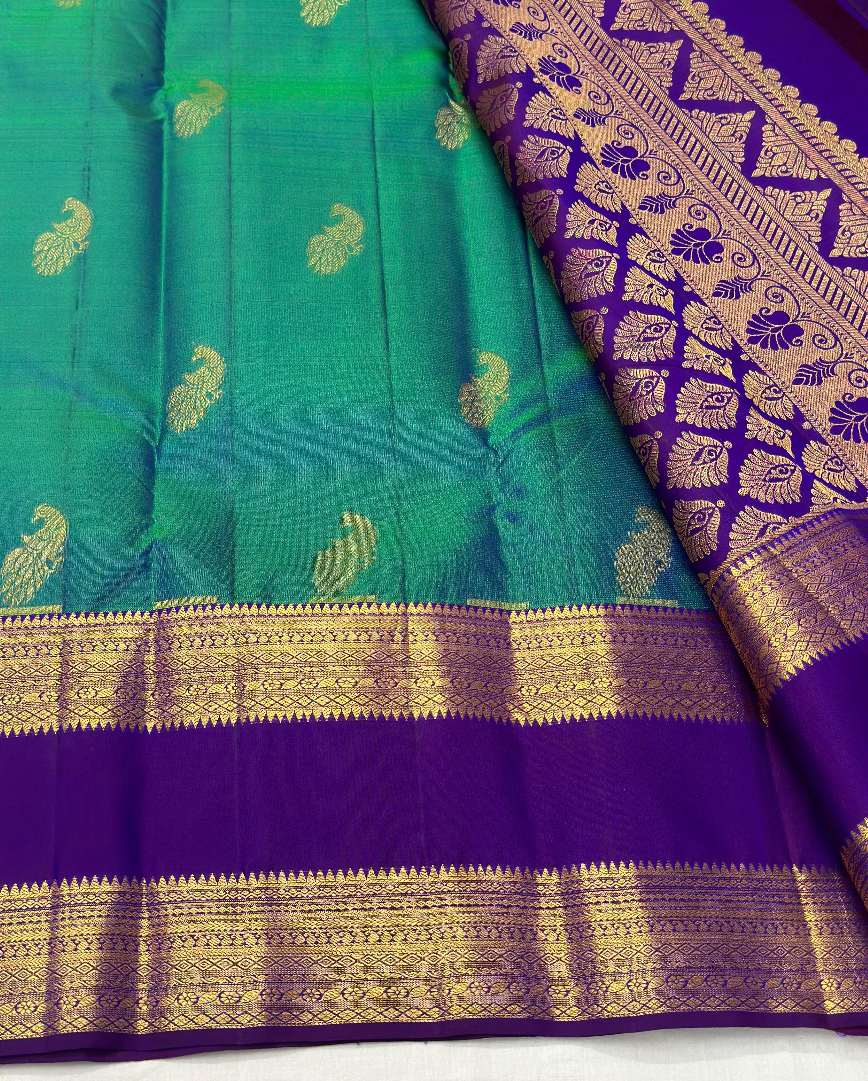 Classic Peacock Blue 1gm Zari Elegance Kanchipuram Handloom Silk Saree SS24198