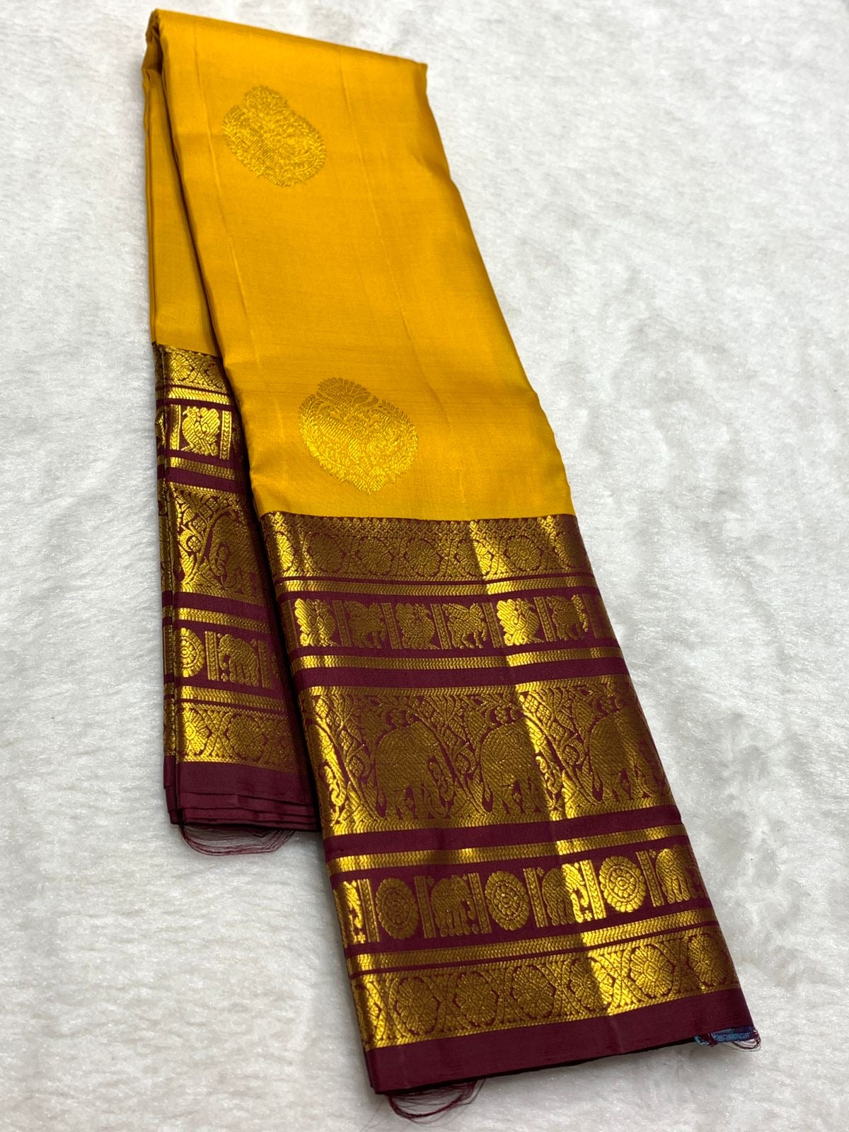 Mango Yellow & Mahogany Red 2gm Zari Kanchipuram Handloom Silk Saree SS25828